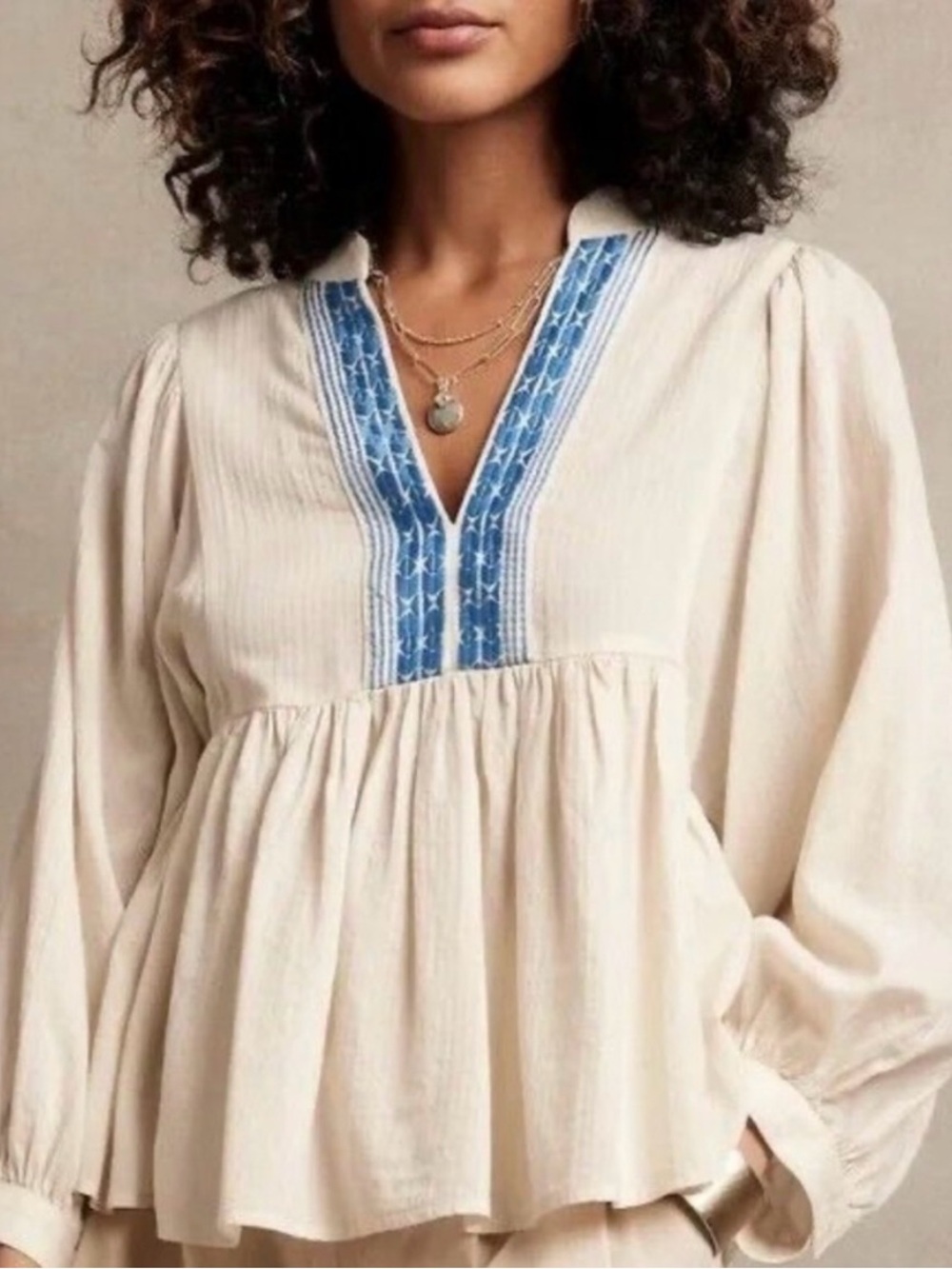 Banana Republic Cream Peasant Blouse with Embroidered V-Neck and Balloon Sleeves
